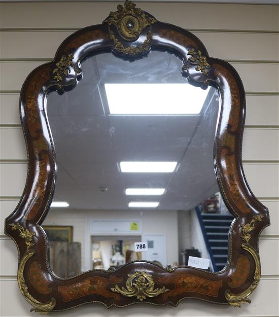 An ormolu and marquetry wall mirror, W.116cm